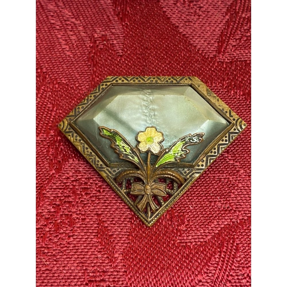 Antique Vtg Brass Diamond Triangle Yellow Flower Green Stone Brooch Pin